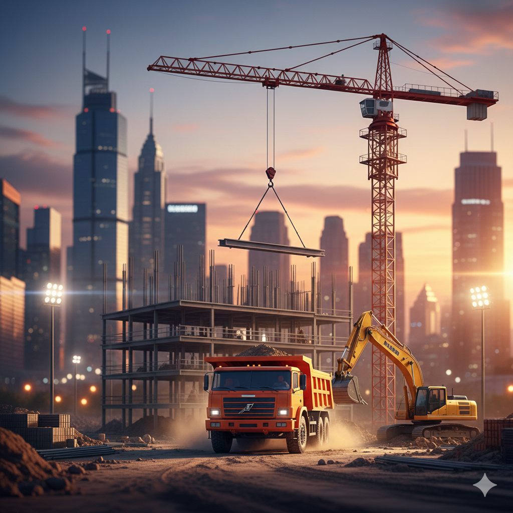 A futuristic civil engineering construction site at night with glowing elements.